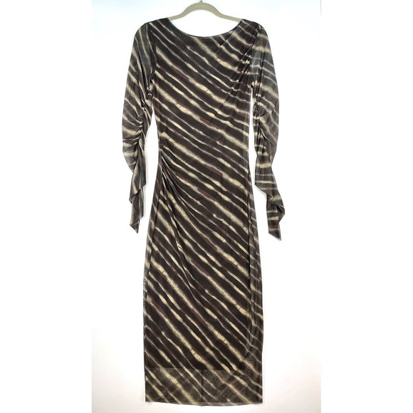 Patrizia Pepe Zebra Printed Midi Dress Natural Tie Dye Rouched Long Sleeves